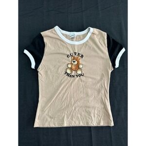 Rue21 Cuter Than You Teddy Bear Ringer Tee Tan Black Y2K Medium